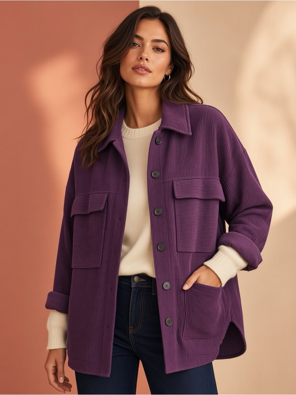 Zara Women's Corduroy Overshirt Shacket Jacket - Deep Plum